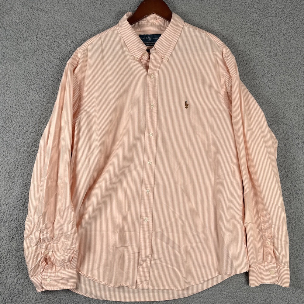 Polo Ralph Lauren Shirt Men's 2XL Orange Striped Custom Fit Oxford Flesh Pony